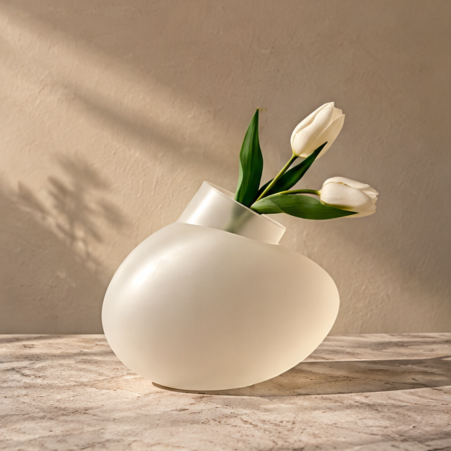 PULMORY oval frosted plastic vase with white tulips, side opening, matte finish