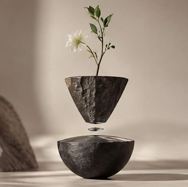 PULMORY magnetic levitating vase with white flower, inverted cone floating above bowl base, clean product shot
