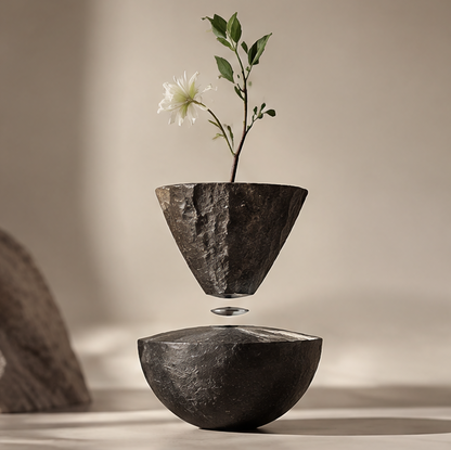 PULMORY magnetic levitating vase with white flower, inverted cone floating above bowl base, clean product shot