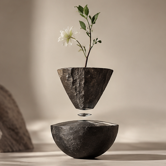 PULMORY magnetic levitating vase with white flower, inverted cone floating above bowl base, clean product shot