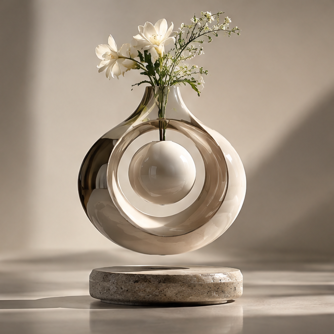 PULMORY glass ring magnetic levitating vase with white flowers on stone base, clean product shot