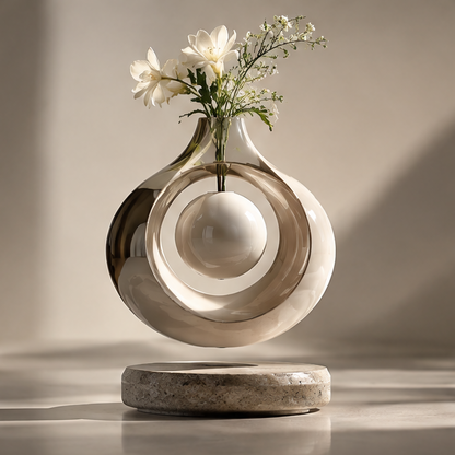 PULMORY glass ring magnetic levitating vase with white flowers on stone base, clean product shot