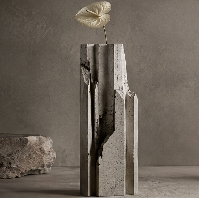 PULMORY concrete column vase with white anthurium leaf, cracked brutalist texture, clean product shot