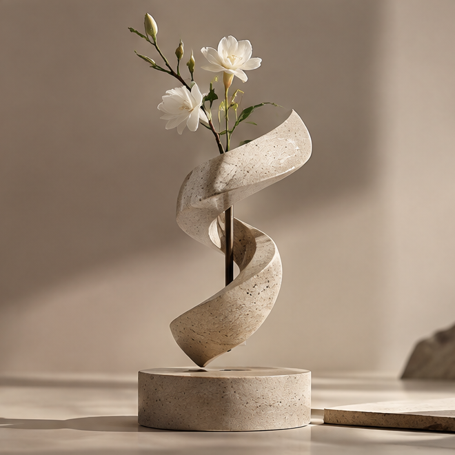 PULMORY spiral stone texture rotating vase with white freesia flowers on travertine base, clean product shot