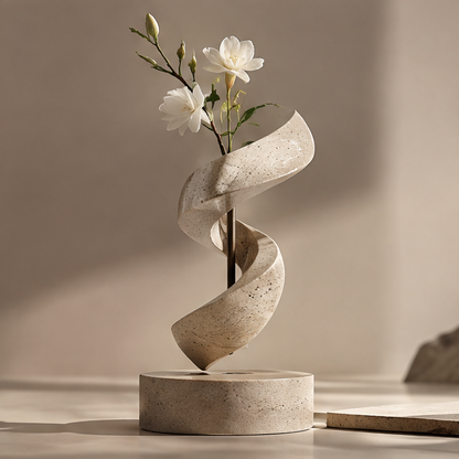 PULMORY spiral stone texture rotating vase with white freesia flowers on travertine base, clean product shot