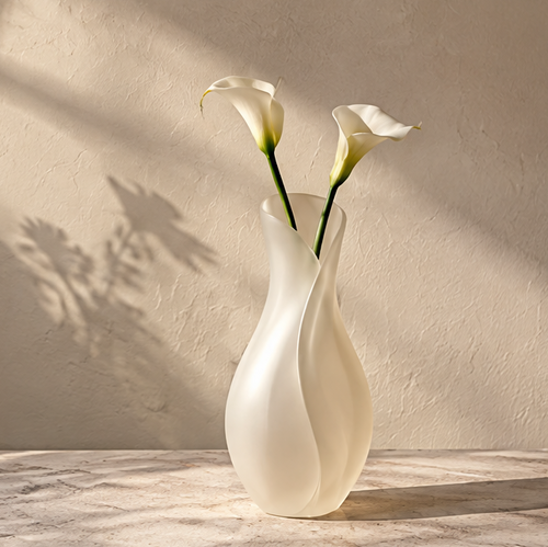PULMORY twisted frosted plastic vase with white calla lilies, clean product shot