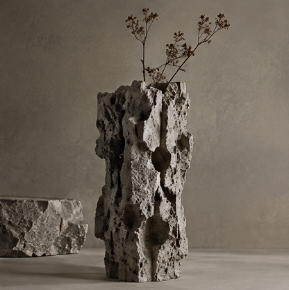 PULMORY raw lava stone pillar vase with dried wildflower branches, porous brutalist texture, clean product shot