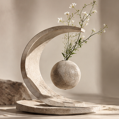 PULMORY crescent arch magnetic levitating vase with white wildflowers, clean product shot