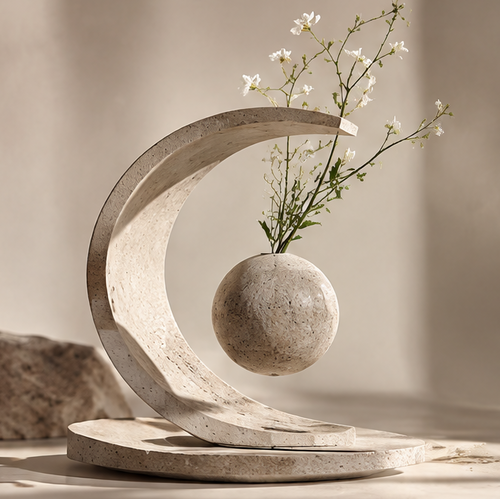 PULMORY crescent arch magnetic levitating vase with white wildflowers, clean product shot