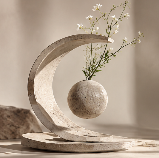 PULMORY crescent arch magnetic levitating vase with white wildflowers, clean product shot