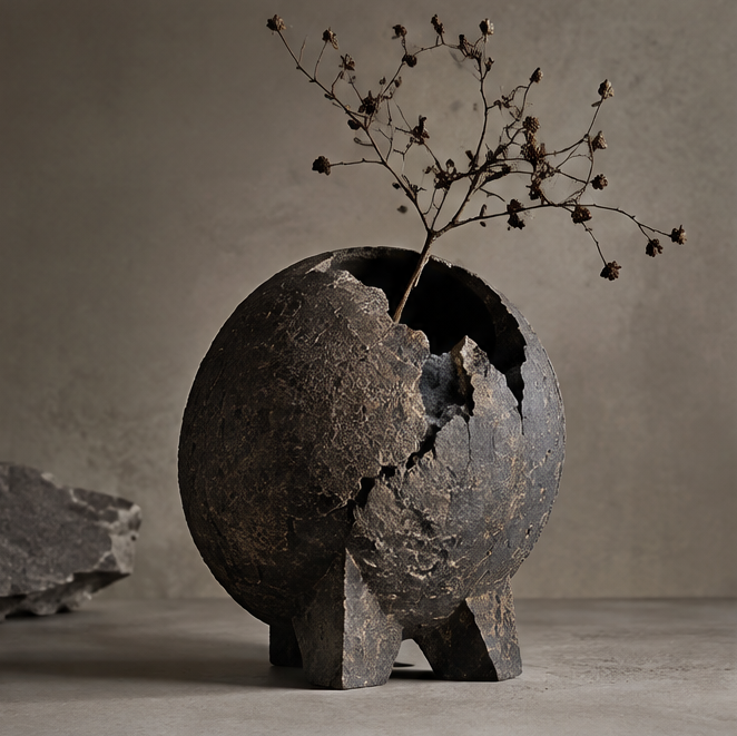 PULMORY black cracked sphere vase with dried wildflower branches on tripod base, raw earth fragment texture, clean product shot