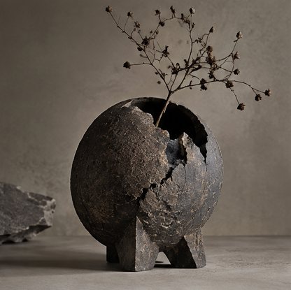 PULMORY black cracked sphere vase with dried wildflower branches on tripod base, raw earth fragment texture, clean product shot