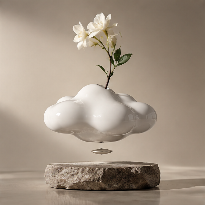 PULMORY cloud shape magnetic levitating vase with white jasmine flowers floating above stone base, clean product shot