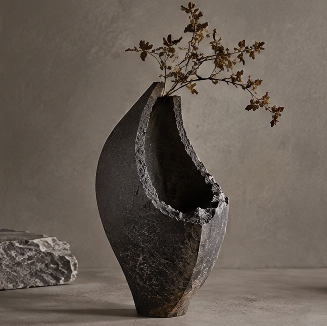 PULMORY black ruins form vase with dried branch, asymmetric broken edge raw stone texture, clean product shot