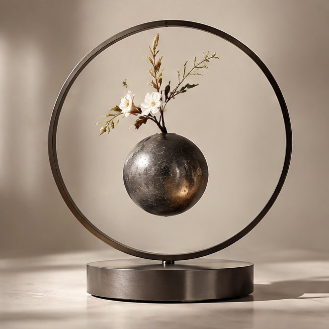 PULMORY metal ring magnetic levitating vase with white blossom branches, clean product shot