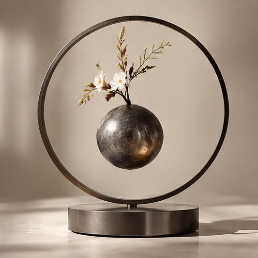 PULMORY metal ring magnetic levitating vase with white blossom branches, clean product shot