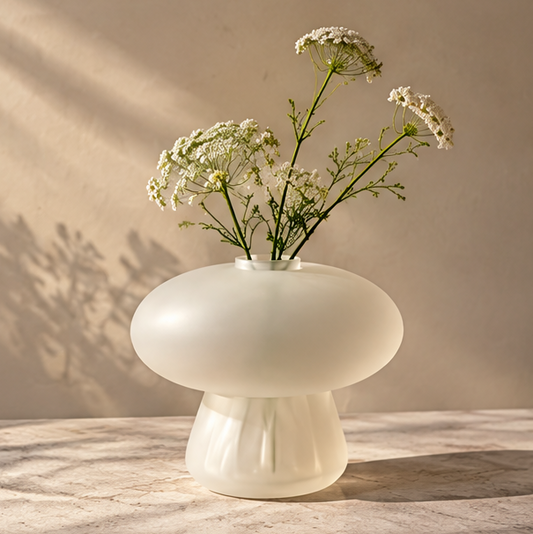 PULMORY mushroom frosted plastic vase with white wildflowers, clean product shot