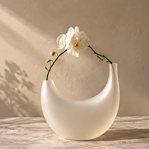 PULMORY crescent frosted plastic vase with white orchid, matte white finish, clean product shot