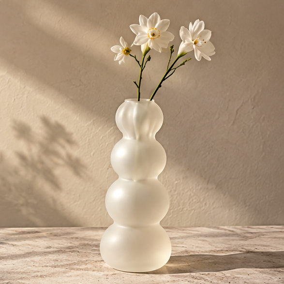 PULMORY bubble stack frosted plastic tall vase with white flowers, clean product shot