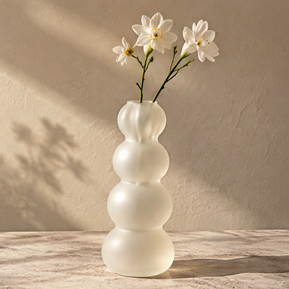 PULMORY bubble stack frosted plastic tall vase with white flowers, clean product shot