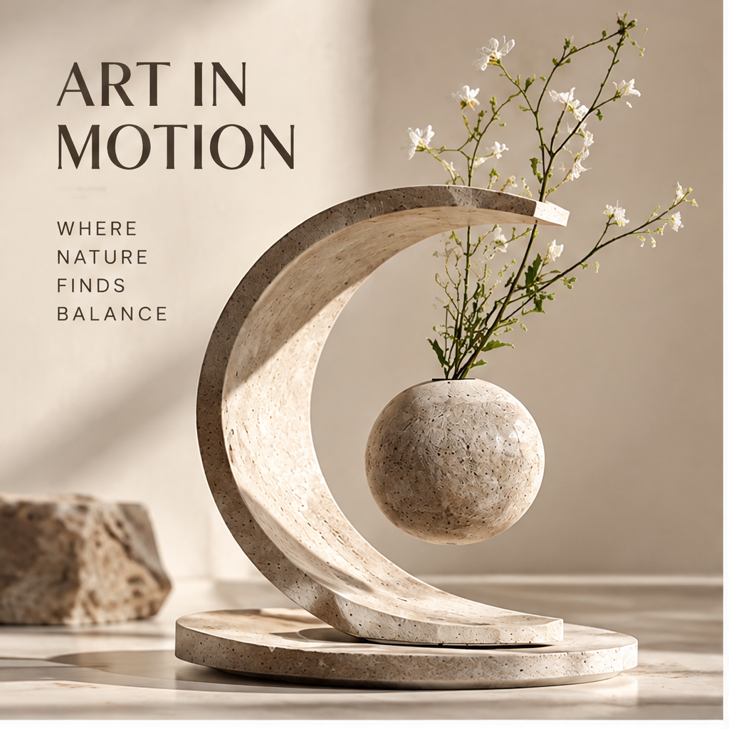 PULMORY crescent arch levitating vase art in motion with white wildflowers