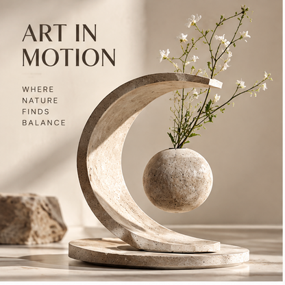 PULMORY crescent arch levitating vase art in motion with white wildflowers