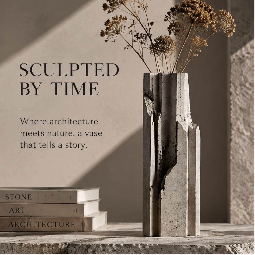 PULMORY concrete column vase sculpted by time lifestyle on stone shelf with books