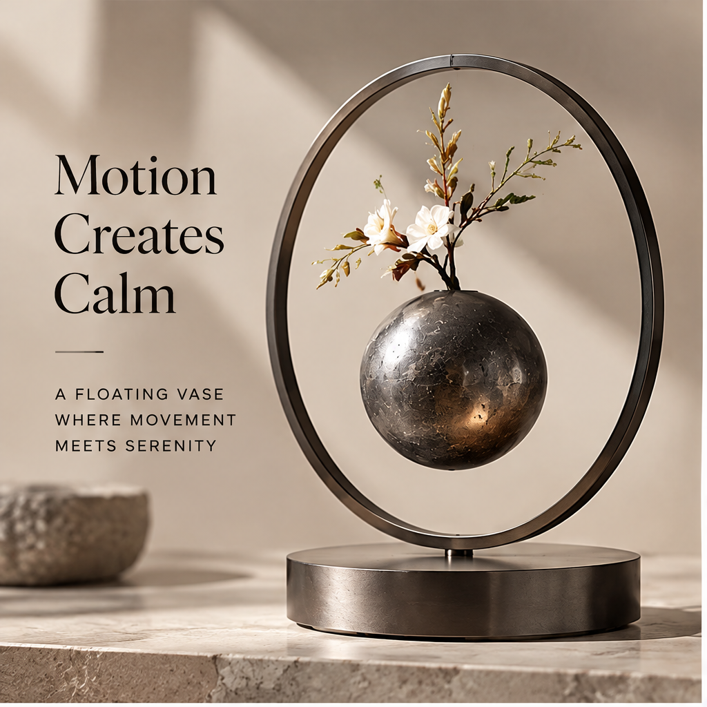 PULMORY metal ring levitating vase motion creates calm with white blossoms
