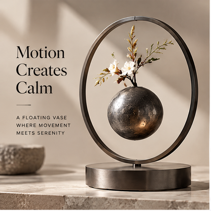 PULMORY metal ring levitating vase motion creates calm with white blossoms