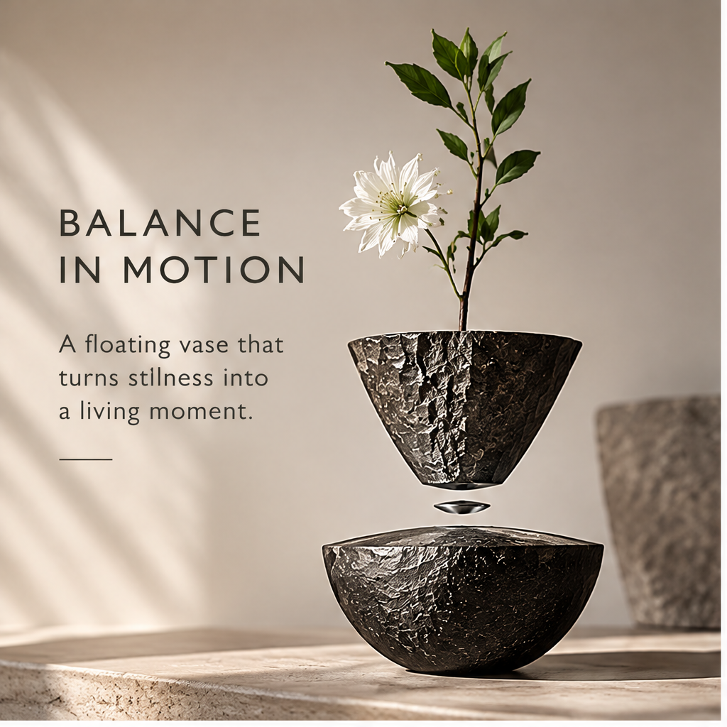 PULMORY magnetic levitating vase balance in motion with white flower and leaves