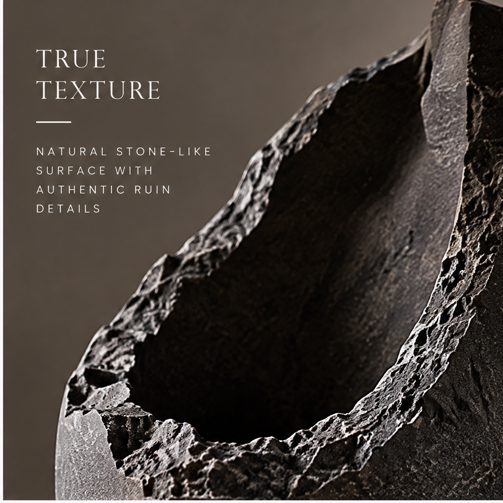 PULMORY black ruins form vase true texture natural stone-like surface authentic ruin details closeup