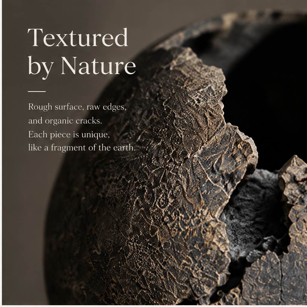 PULMORY black cracked sphere vase textured by nature rough surface raw edges organic cracks closeup