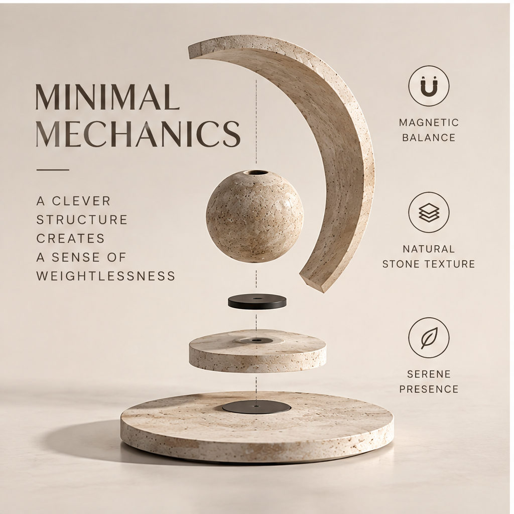 PULMORY crescent arch levitating vase minimal mechanics exploded structure diagram