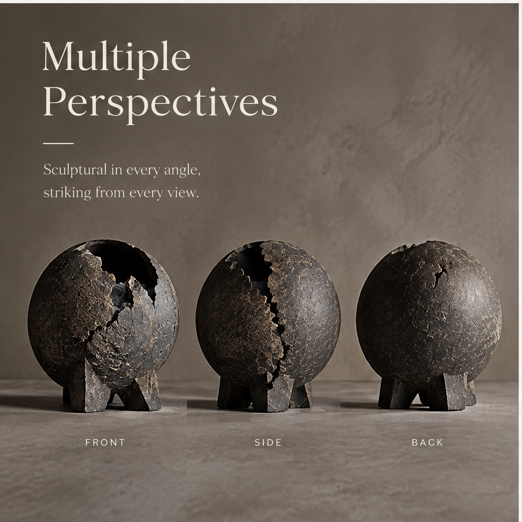 PULMORY black cracked sphere vase a quiet presence lifestyle on stone surface with books