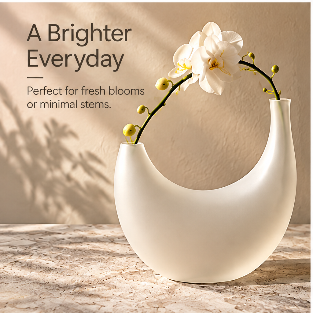 PULMORY crescent frosted vase with orchid and text overlay