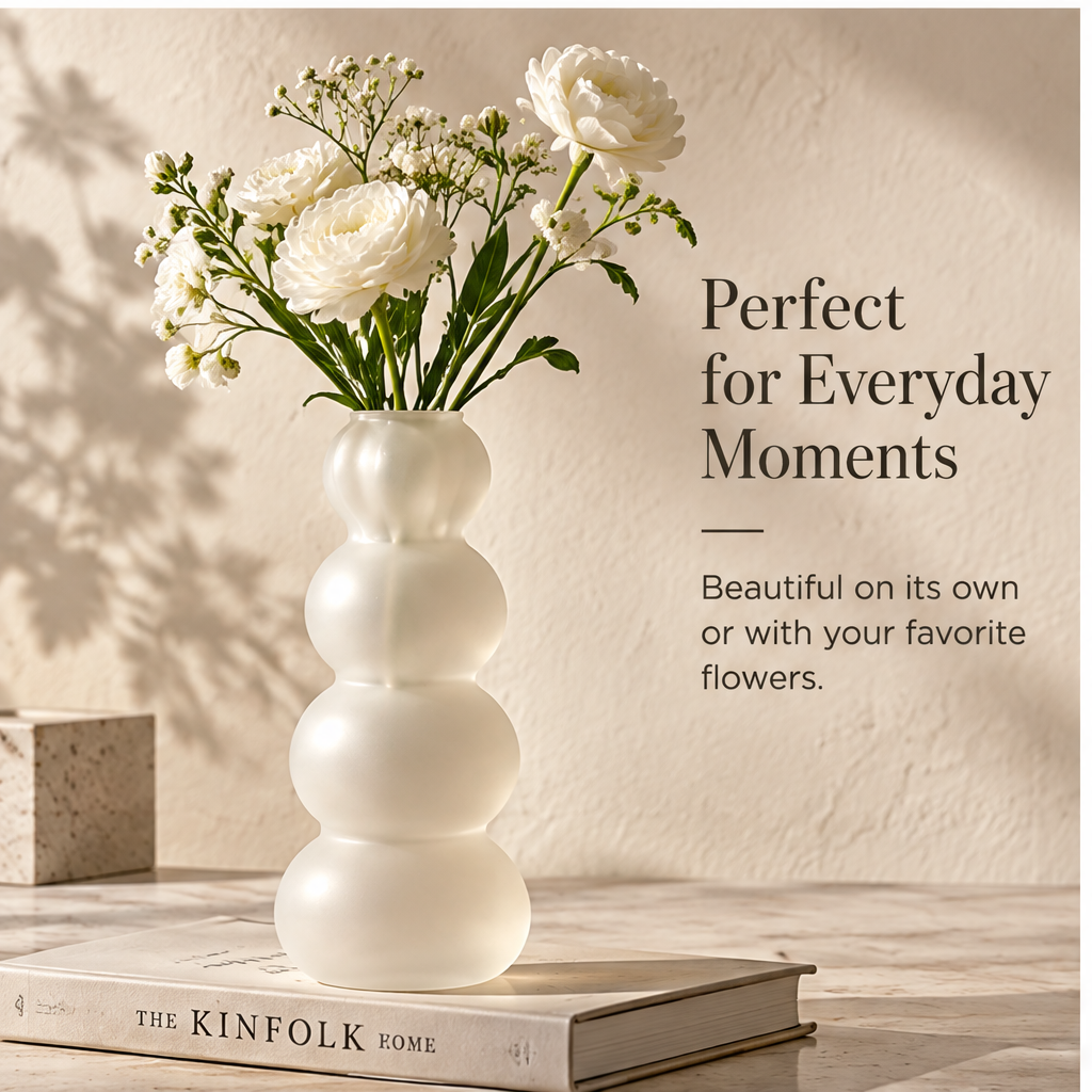 PULMORY bubble stack frosted vase with ranunculus flowers lifestyle