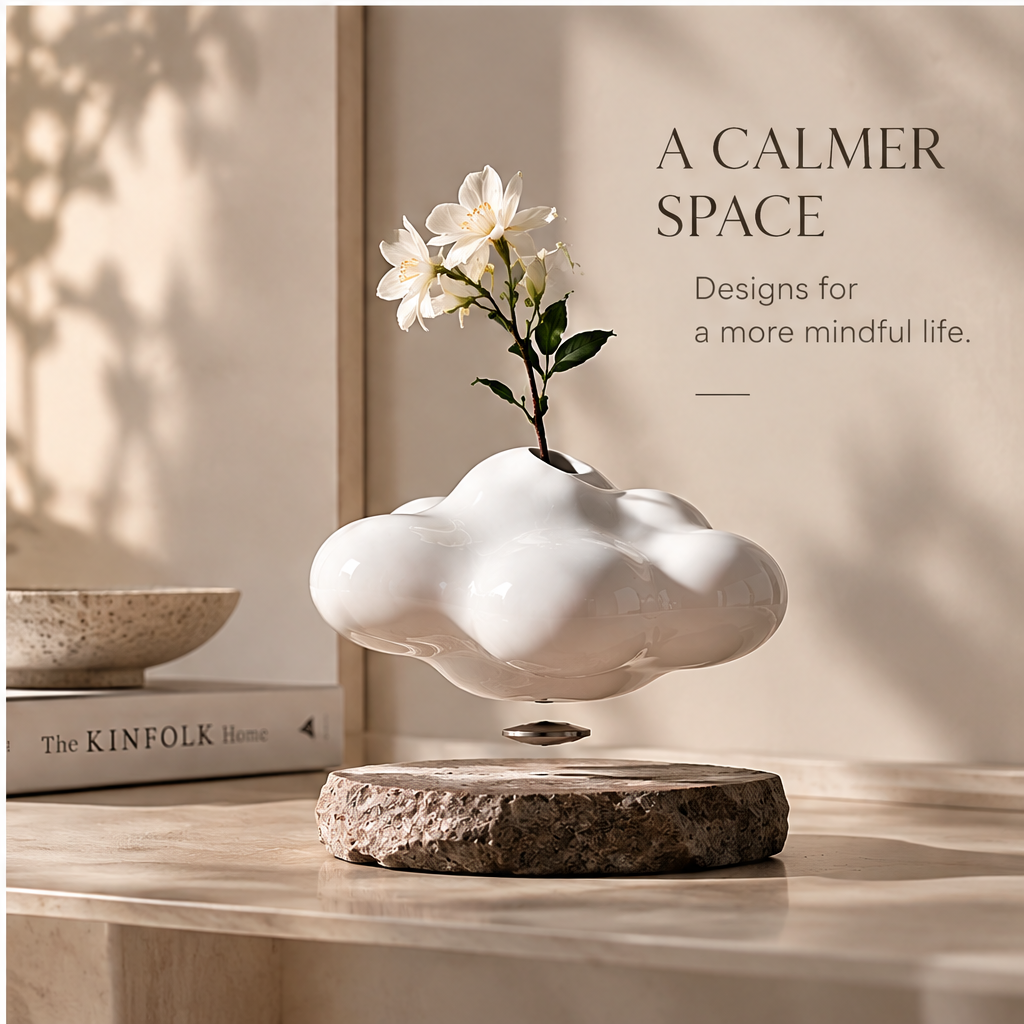 PULMORY cloud shape levitating vase a calmer space on marble desk with books