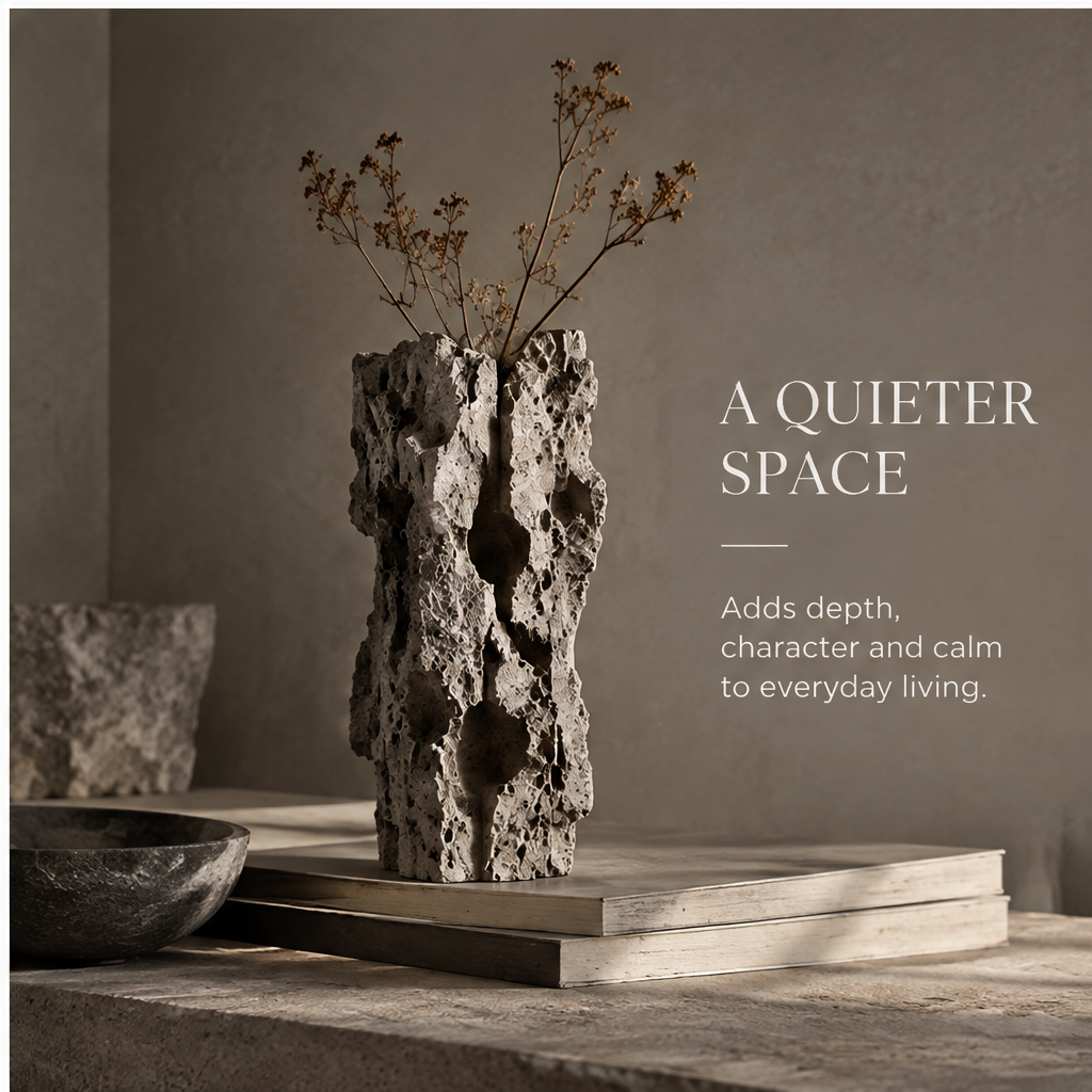 PULMORY raw lava stone vase sculpted by nature horizontal vessel form
